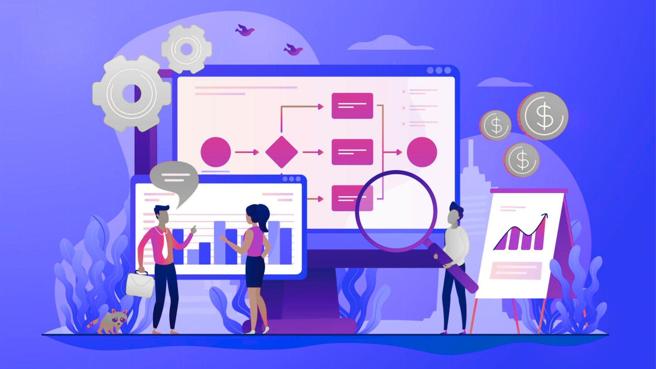 Illustration showing a small business marketing automation workflow with analytics, lead tracking, and performance reporting on digital dashboards.